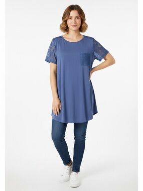 42 Pops NWT Blue Boutique Top With Lace Short Slv & Pocket Rayon, Spandex SZ XL